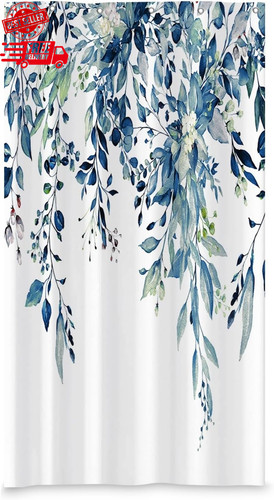 Blue leaves long fabric shower - blue,