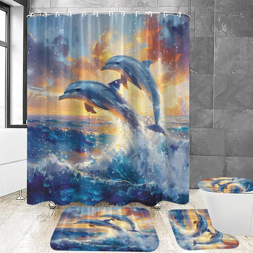 4pcs dolphin shower - shower, curtain