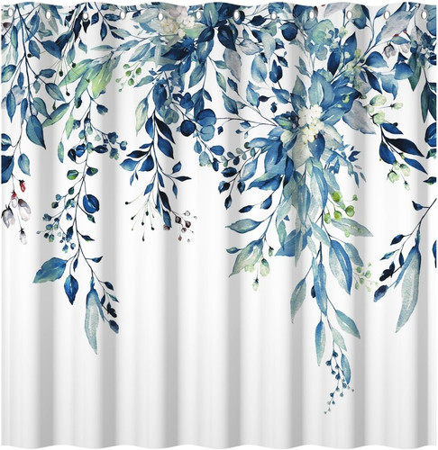 Blue leaves long fabric shower - leaves,